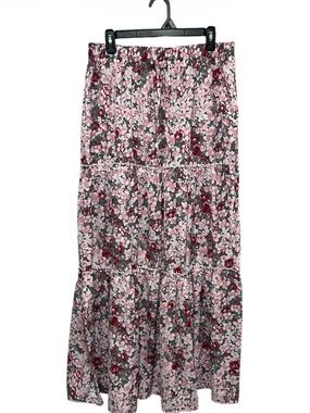 EARKOHA XL Floral Boho Tiered Maxi Skirt Gray Pink NWOT
